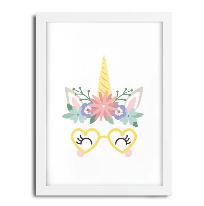 4351g4 Quadro Decorativo Unicórnio com Flores e Óculos Amarelo moldura branca