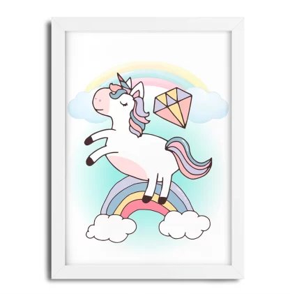 4354g3 Quadro Decorativo Infantil Unicórnio com Nuvens e Arco-Íris moldura branca