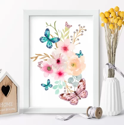 5000g2 quadro decorativo com flores e borboletas realista
