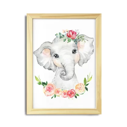 2251g Quadro Decorativo Elefantinho com Flores Aquarela Safari realista