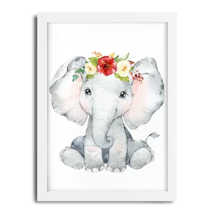 2243 Quadro Decorativo Elefantinho com Flores Aquarela Safari moldura branca