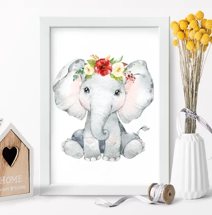 2243 Quadro Decorativo Elefantinho com Flores Aquarela Safari realista