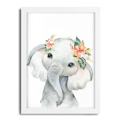 2244g Quadro Decorativo Elefantinho com Flores Aquarela Safari moldura branca