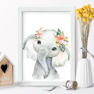 2244g Quadro Decorativo Elefantinho com Flores Aquarela Safari realista