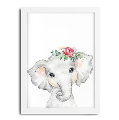 2245g Quadro Decorativo Elefantinho com Flor Aquarela Safari moldura branca