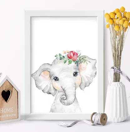 2245g Quadro Decorativo Elefantinho com Flor Aquarela Safari realista