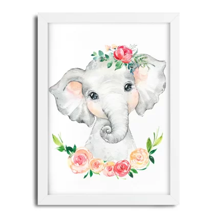 2251g Quadro Decorativo Elefantinho com Flores Aquarela Safari moldura branca
