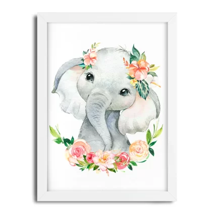 2252g Quadro Decorativo Elefantinho Floral Aquarela Safari moldura branca