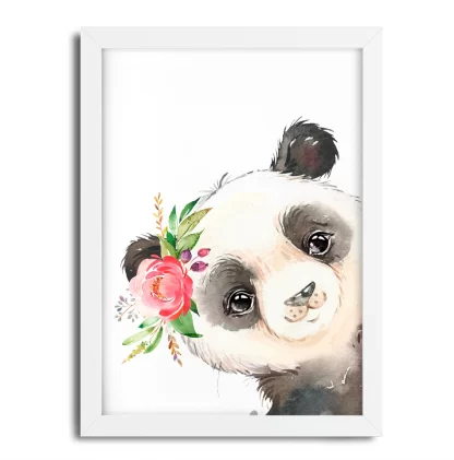 2262g6 Quadro Decorativo Ursinha Panda com Flor Aquarela moldura branca