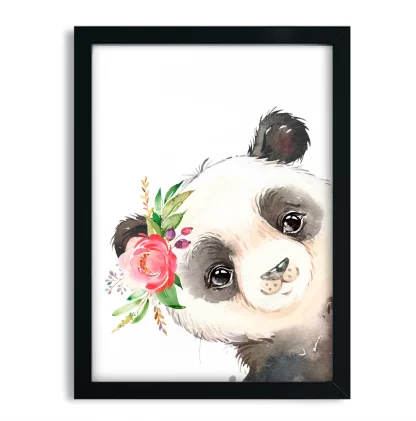 2262g6 Quadro Decorativo Ursinha Panda com Flor Aquarela moldura preta