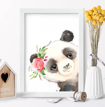 2262g6 Quadro Decorativo Ursinha Panda com Flor Aquarela realista