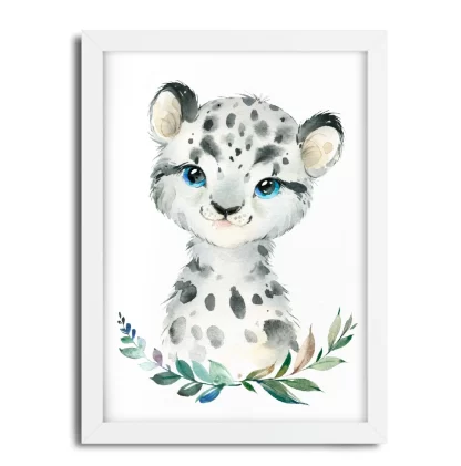 2263g10 Quadro Decorativo Cheetah Guepardo Bebe Aquarela Safari moldura branca