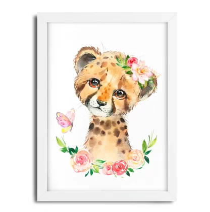 2263g12 Quadro Decorativo Infantil Tigre Bebe com Flores Aquarela moldura branca