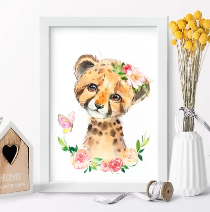 2263g12 Quadro Decorativo Infantil Tigre Bebe com Flores Aquarela realista