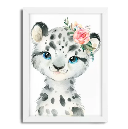 2263g9 Quadro Decorativo Cheetah Guepardo Bebe com Flor Aquarela moldura branca