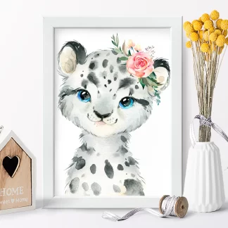 2263g9 Quadro Decorativo Cheetah Guepardo Bebe com Flor Aquarela realista