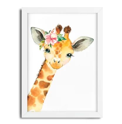 2265g6 Quadro Decorativo Infantil Girafa Girafinha com Flor Aquarela moldura branca