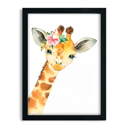 2265g6 Quadro Decorativo Infantil Girafa Girafinha com Flor Aquarela moldura preta