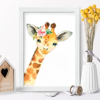 2265g6 Quadro Decorativo Infantil Girafa Girafinha com Flor Aquarela realista