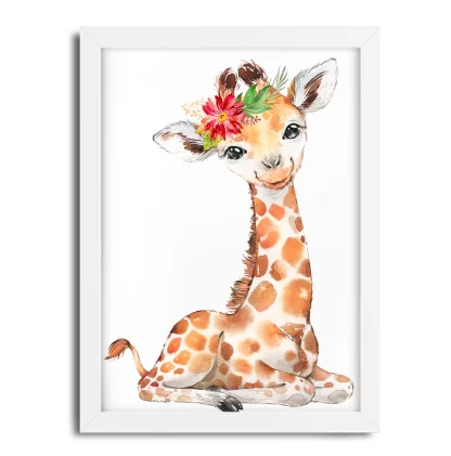 2265g8 Quadro Decorativo Infantil Girafinha com Flores Aquarela Safari moldura branca