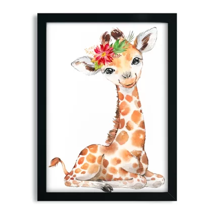 2265g8 Quadro Decorativo Infantil Girafinha com Flores Aquarela Safari moldura preta