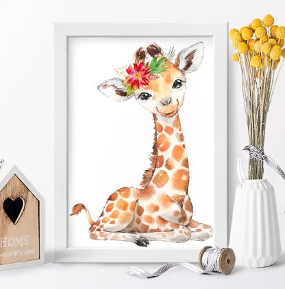 2265g8 Quadro Decorativo Infantil Girafinha com Flores Aquarela Safari realista