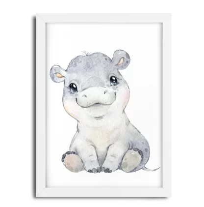 2267g1 Quadro Decorativo Infantil Hipopótamo Bebe Aquarela moldura branca