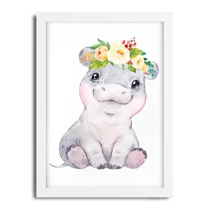 2267g2 Quadro Decorativo Infantil Hipopótamo Bebe com Flores moldura branca