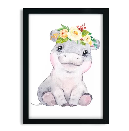 2267g2 Quadro Decorativo Infantil Hipopótamo Bebe com Flores moldura preta