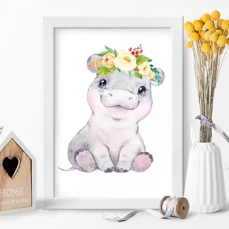 2267g2 Quadro Decorativo Infantil Hipopótamo Bebe com Flores realista
