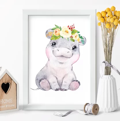 2267g2 Quadro Decorativo Infantil Hipopótamo Bebe com Flores realista