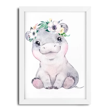 2267g3 Quadro Decorativo Infantil Hipopótamo Bebe com Flores moldura branca