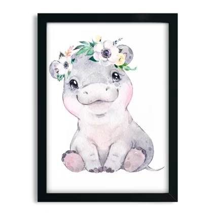 2267g3 Quadro Decorativo Infantil Hipopótamo Bebe com Flores moldura preta