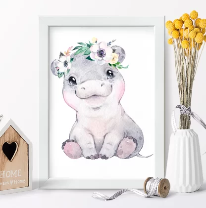 2267g3 Quadro Decorativo Infantil Hipopótamo Bebe com Flores realista