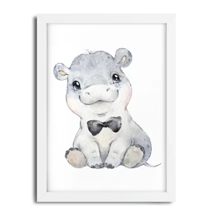 2267g5 Quadro Decorativo Infantil Hipopótamo de Gravata Aquarela moldura branca
