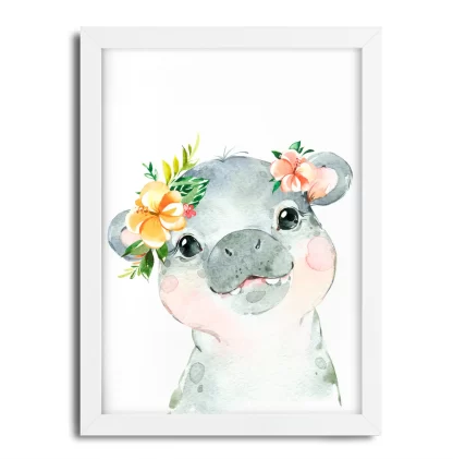 2267g8 Quadro Decorativo Infantil Hipopótamo com Flores Aquarela moldura branca