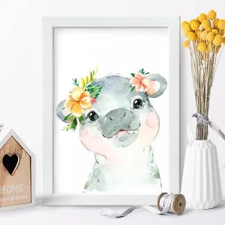 2267g8 Quadro Decorativo Infantil Hipopótamo com Flores Aquarela realista