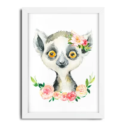 2271G2 Quadro Decorativo Infantil Lemure com Flores Aquarela Safari moldura branca