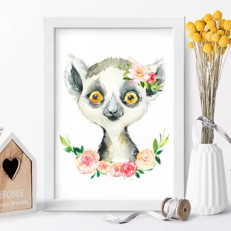 2271G2 Quadro Decorativo Infantil Lemure com Flores Aquarela Safari realista