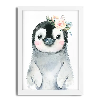 2273G2 Quadro Decorativo Bebe Infantil Pinguim com Flor Aquarela moldura branca