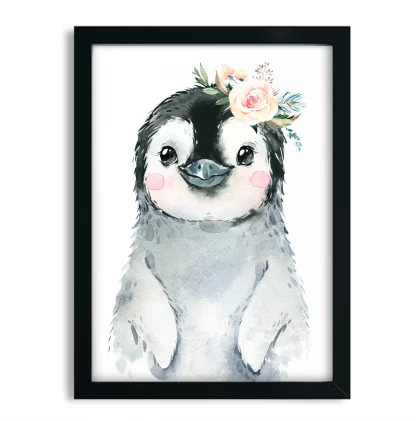 2273G2 Quadro Decorativo Bebe Infantil Pinguim com Flor Aquarela moldura preta