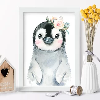 2273G2 Quadro Decorativo Bebe Infantil Pinguim com Flor Aquarela realista