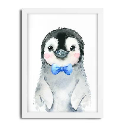 2273G4 Quadro Decorativo Infantil Pinguim de Gravatinha Borboleta Azul Aquarela moldura branca