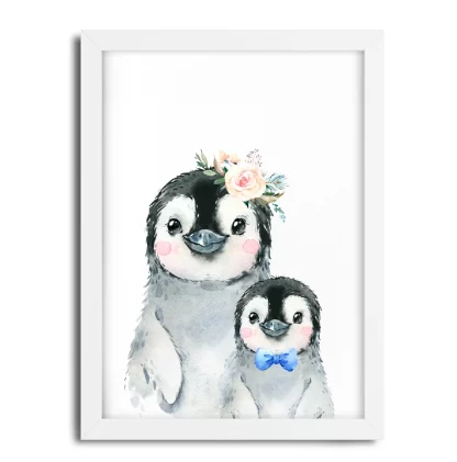 2273G5 Quadro Decorativo Infantil Mamãe e Bebe Pinguim Aquarela moldura branca