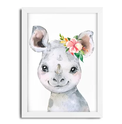 2274G3 Quadro Decorativo Infantil Bebe Rinoceronte com Flor Aquarela Safari moldura branca