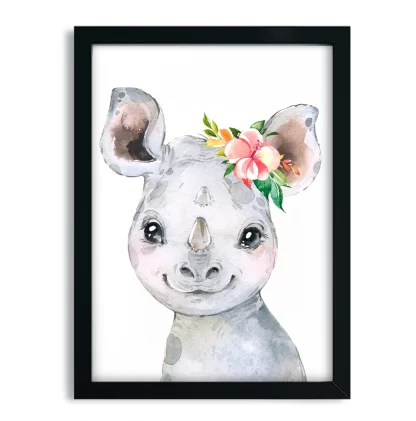 2274G3 Quadro Decorativo Infantil Bebe Rinoceronte com Flor Aquarela Safari moldura preta