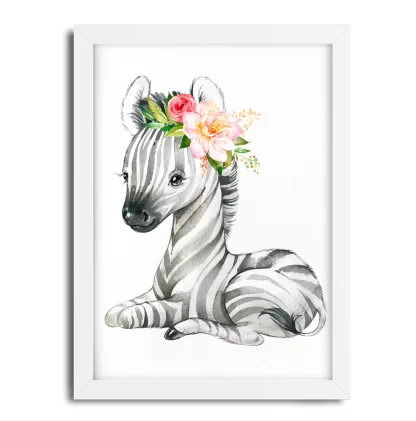 2275G3 Quadro Decorativo Infantil Zebra Zebrinha com Flor Aquarela Safari moldura branca