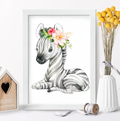 2275G3 Quadro Decorativo Infantil Zebra Zebrinha com Flor Aquarela Safari realista