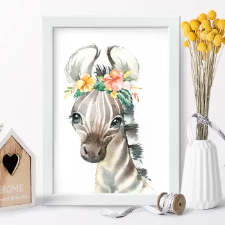2275G4 Quadro Decorativo Infantil Zebra Zebrinha Bebe com Flores Aquarela realista