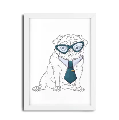 1190G Quadro Decorativo Cachorro Pug com Gravata e Óculos moldura branca